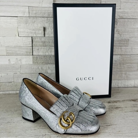Gucci NEW Size 34 Metallic Silver Marmont GG Fringe Mid Heel Loafer Shoe Pump - Picture 1 of 14